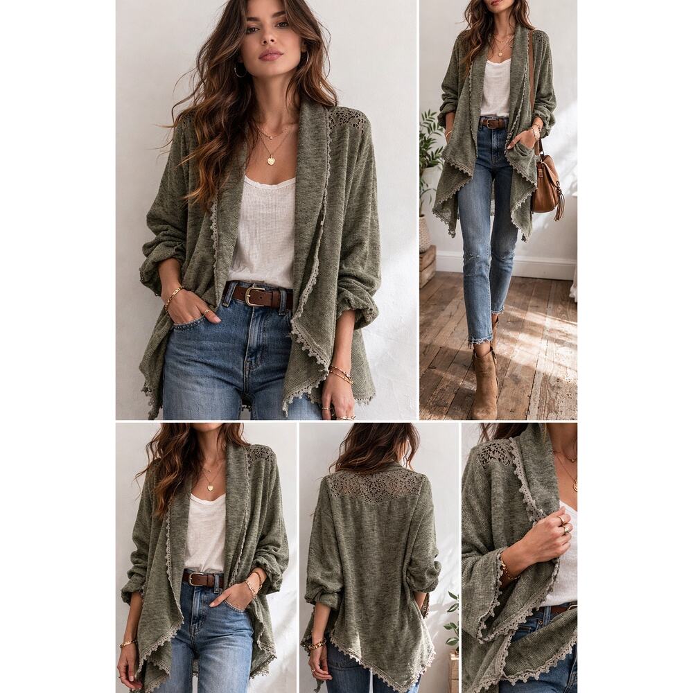 Almost Famous Olive Green Boho Crochet Laced Asymmetrical  Cardigan Womens Large